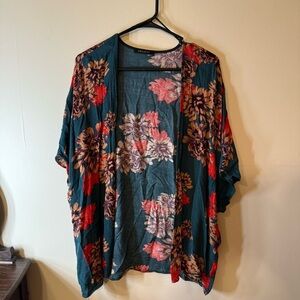 Floral Kimono Cardigan - Teal and Red